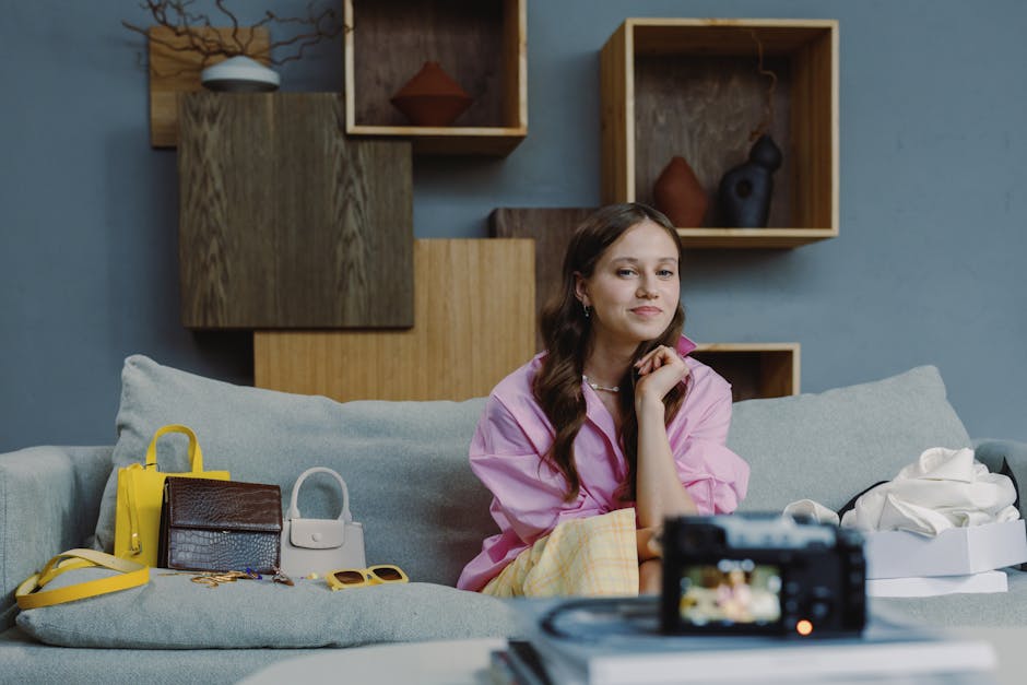 Brunette woman vlogging on sofa with handbags and accessories in modern interior.